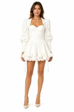 Ivory Atelier Sweetheart Neck Ruffled Hem Puff Sleeves Open Back Mini Dress